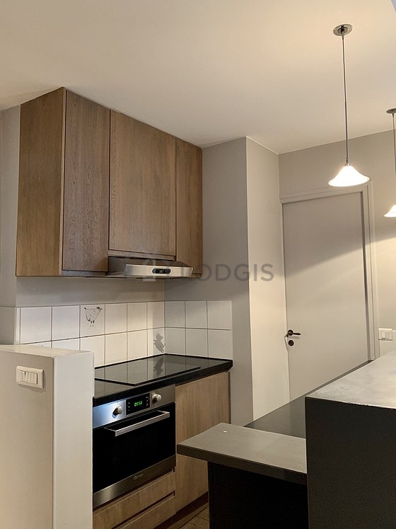 Cuisine équipée de lave vaisselle, plaques de cuisson, réfrigerateur, hotte