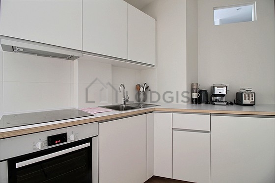 Kitchen equipped with dishwasher, hob, refrigerator, extractor hood