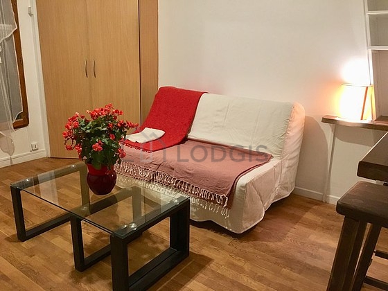 Quiet living room furnished with sofa, coffee table, closet