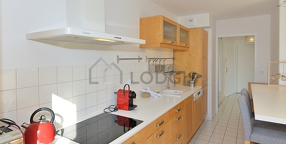 Cuisine équipée de lave vaisselle, plaques de cuisson, réfrigerateur, hotte