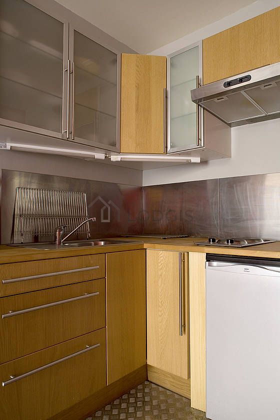 Kitchen equipped with hob, refrigerator, freezer, extractor hood