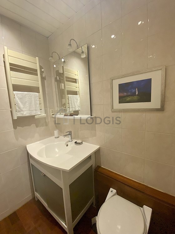Bathroom equipped with shelves, electric toilet