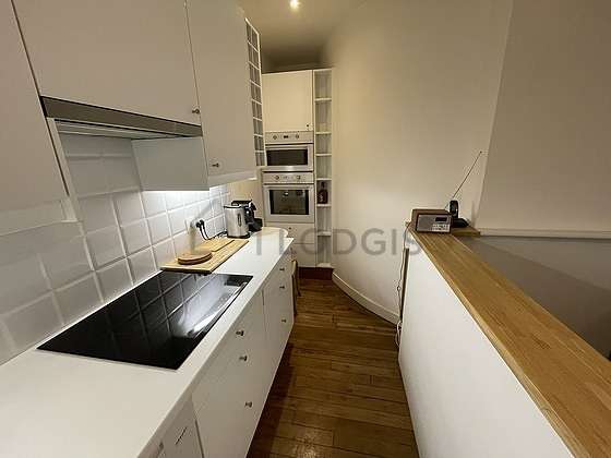 Kitchen equipped with washing machine, dryer, freezer, extractor hood