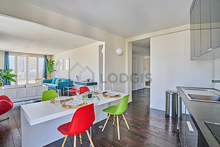 Kitchen equipped with washing machine, dryer, refrigerator, crockery