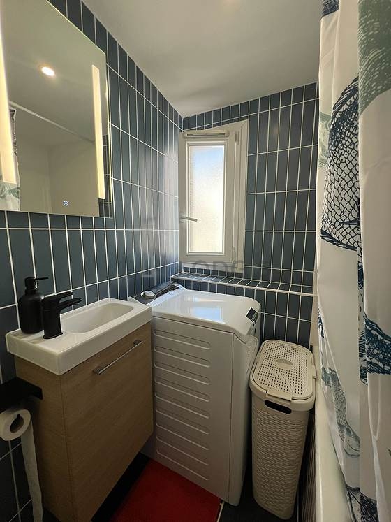 Bathroom equipped with washing machine, bath tub