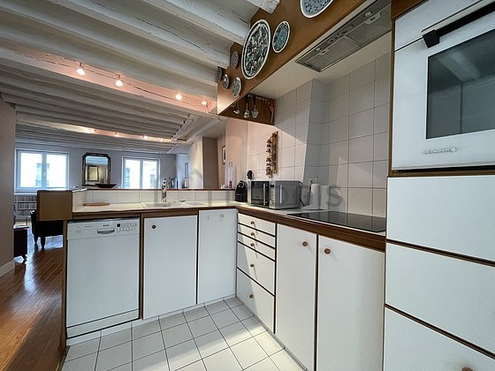 Kitchen equipped with washing machine, refrigerator, extractor hood, crockery