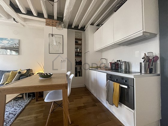 Cuisine équipée de lave vaisselle, plaques de cuisson, réfrigerateur, hotte