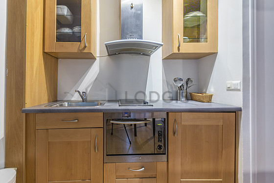 Kitchen equipped with hob, refrigerator, extractor hood
