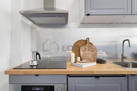 Kitchen equipped with dishwasher, hob, refrigerator, extractor hood