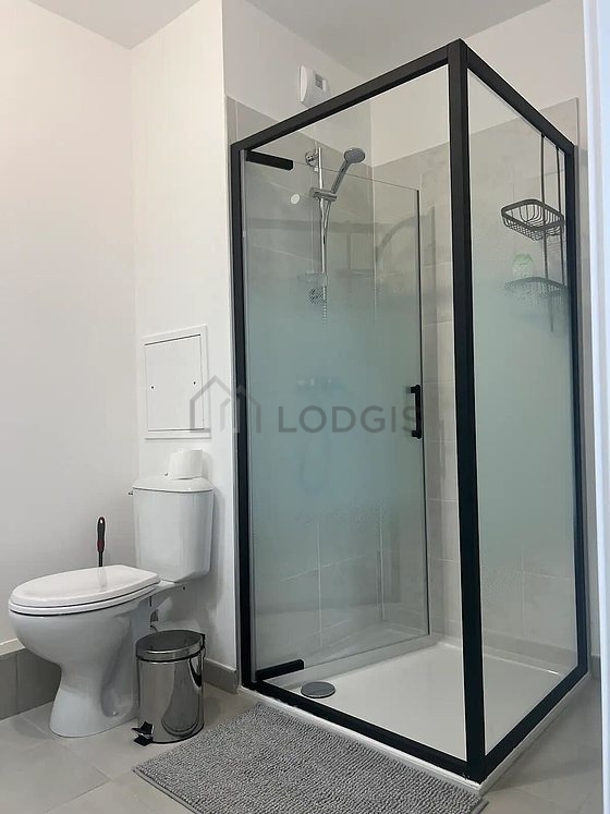 Bathroom equipped with washing machine, shelves