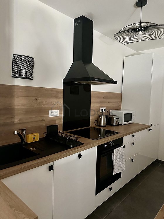 Cuisine équipée de lave vaisselle, plaques de cuisson, réfrigerateur, hotte