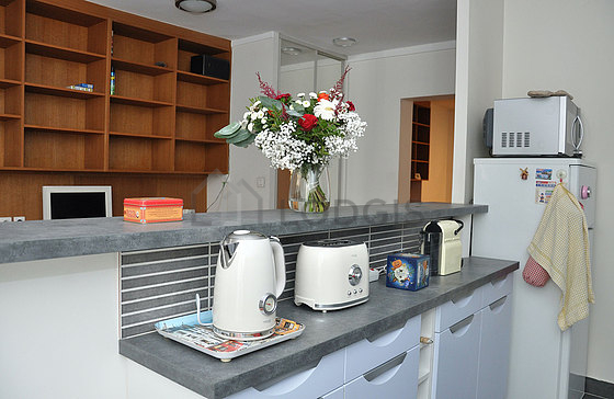 Kitchen equipped with washing machine, dryer, refrigerator, extractor hood