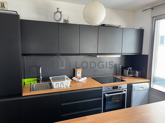 Kitchen equipped with washing machine, refrigerator, extractor hood, crockery