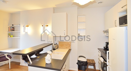 Cuisine équipée de lave vaisselle, plaques de cuisson, réfrigerateur, hotte