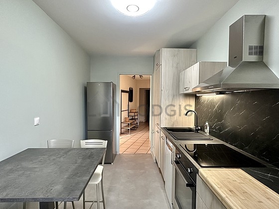 Cuisine équipée de lave vaisselle, plaques de cuisson, réfrigerateur, freezer
