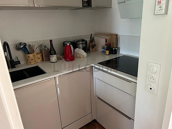 Kitchen equipped with dishwasher, hob, refrigerator, extractor hood