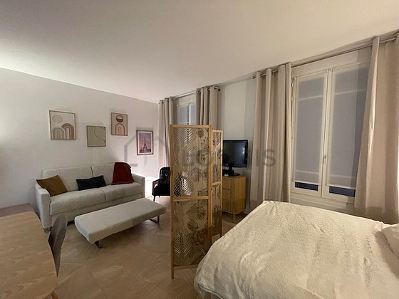 Living room with tile floor