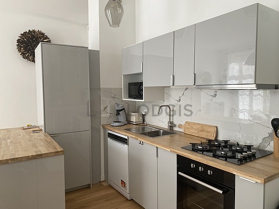 Cuisine équipée de lave vaisselle, plaques de cuisson, réfrigerateur, hotte