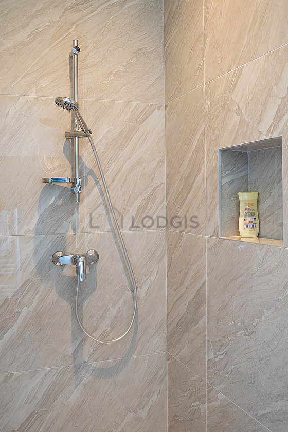 Salle de bain avec du parquet au sol
