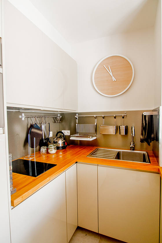 Kitchen equipped with washing machine, refrigerator, freezer, extractor hood