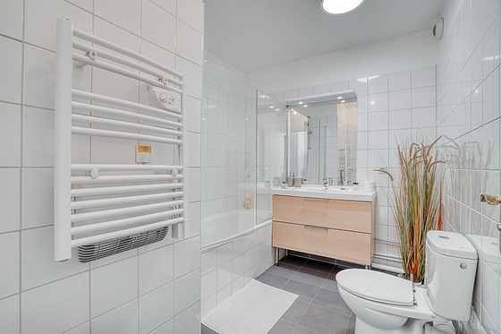 Bathroom equipped with bath tub, towel drying radiator