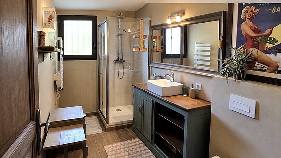 Salle de bain avec du parquet au sol