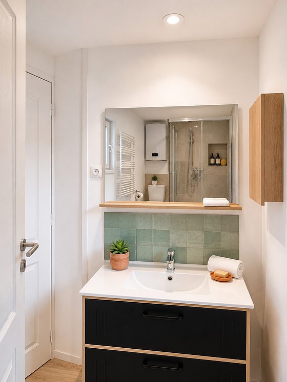 Salle de bain équipée de douche séparée, sèche cheveux