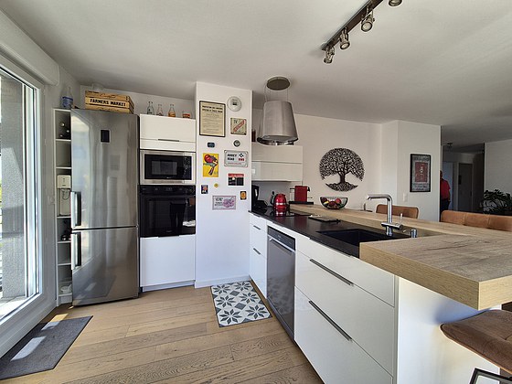Cuisine équipée de lave vaisselle, plaques de cuisson, réfrigerateur, hotte