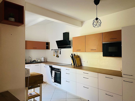 Kitchen equipped with dishwasher, hob, refrigerator, extractor hood