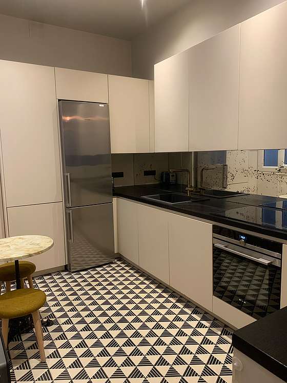 Cuisine équipée de lave vaisselle, plaques de cuisson, réfrigerateur, hotte