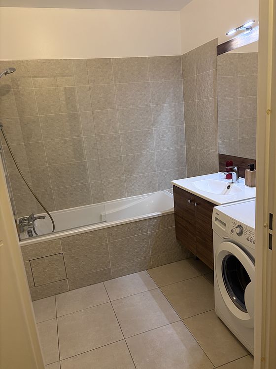 Bathroom equipped with washing machine, bath tub