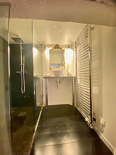 Bathroom equipped with separate shower, towel drying radiator