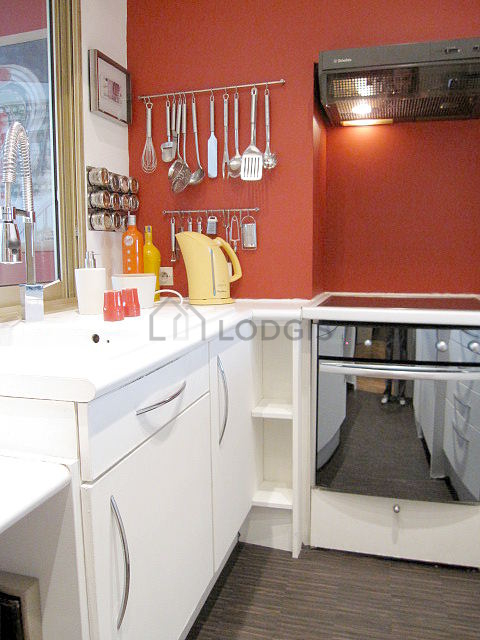 Kitchen equipped with dishwasher, hob, refrigerator, extractor hood