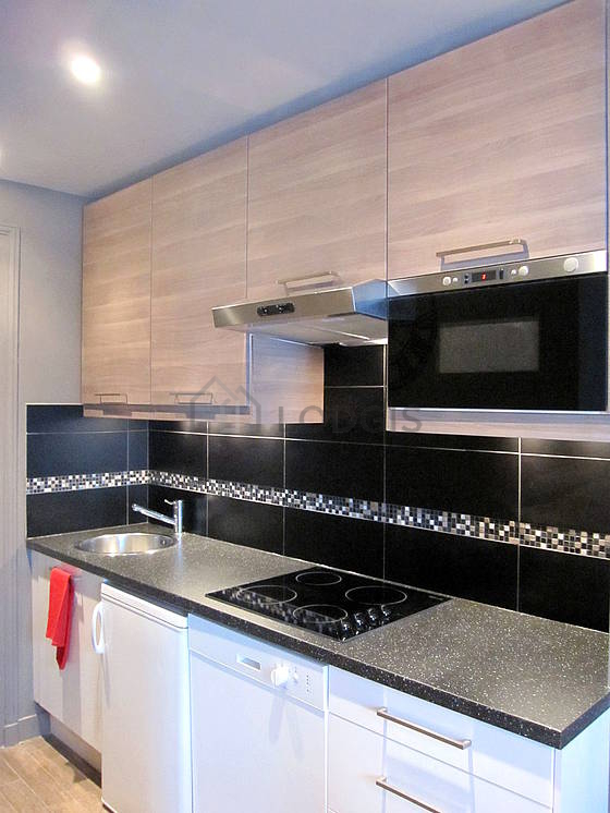 Kitchen equipped with dishwasher, hob, refrigerator, extractor hood