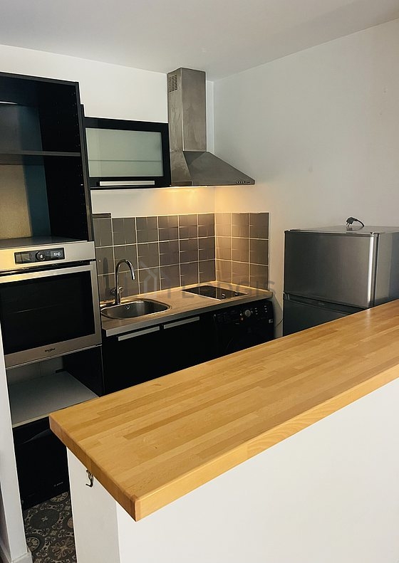 Kitchen equipped with washing machine, refrigerator, extractor hood, crockery