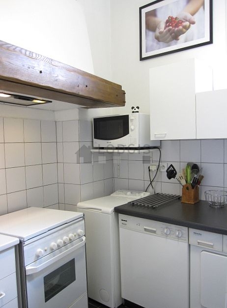 Kitchen equipped with washing machine, dryer, refrigerator, extractor hood