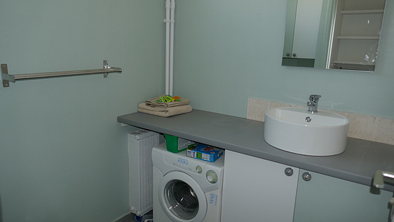 Belle salle de bain claire avec fenêtres et du carrelage au sol