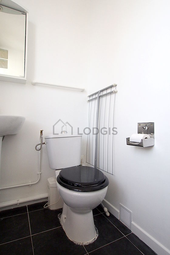 Bathroom equipped with shelves, electric toilet