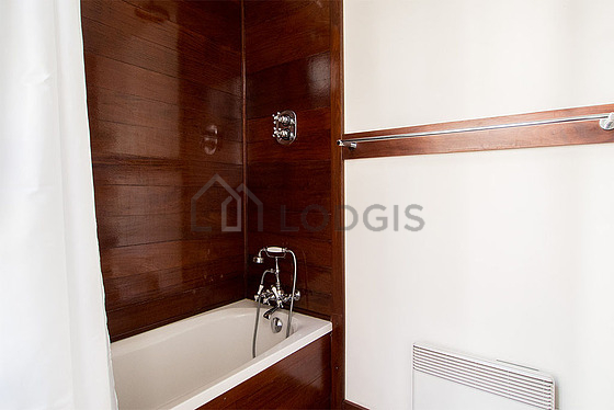 Pleasant and bright bathroom with windows and with wooden floor