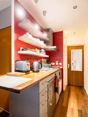 Kitchen equipped with dishwasher, hob, refrigerator, extractor hood