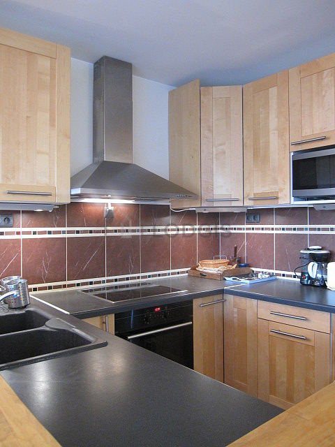 Cuisine équipée de lave vaisselle, plaques de cuisson, réfrigerateur, hotte