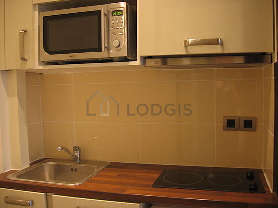 Cuisine équipée de plaques de cuisson, réfrigerateur, freezer, hotte