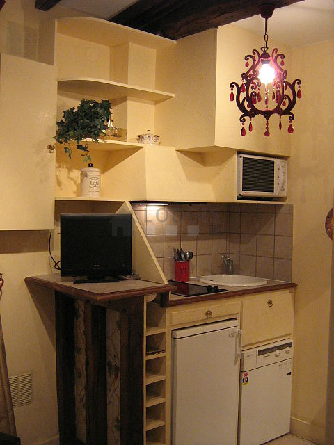 Cuisine équipée de plaques de cuisson, réfrigerateur, freezer, vaisselle