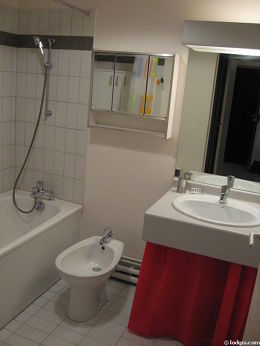 Bathroom equipped with bath tub, bidet, shower in bath tub