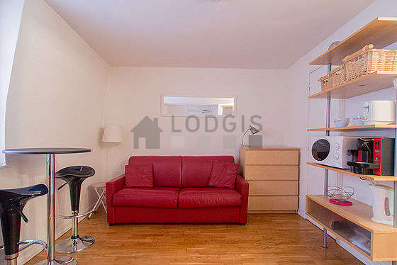 Quiet living room furnished with 1 sofabed(s) of 140cm, tv, hi-fi stereo, wardrobe