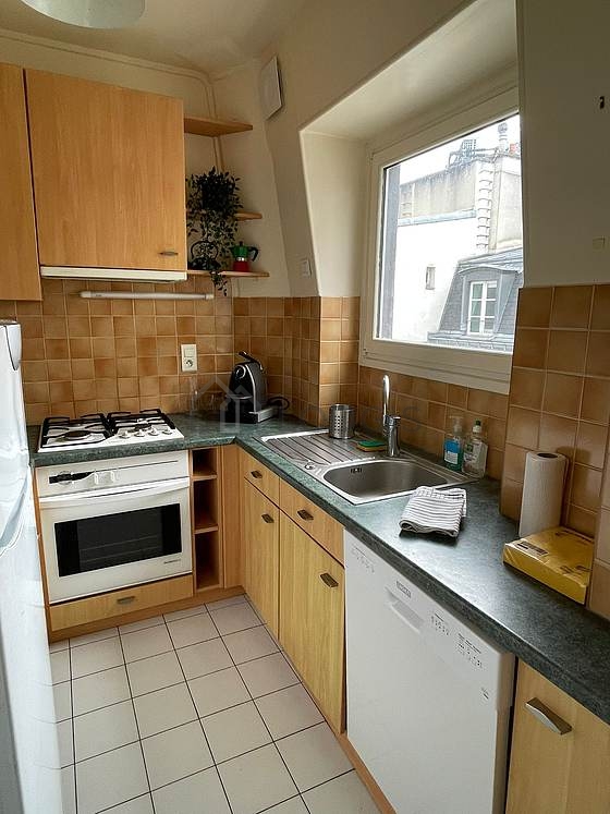 Kitchen equipped with dishwasher, hob, refrigerator, extractor hood