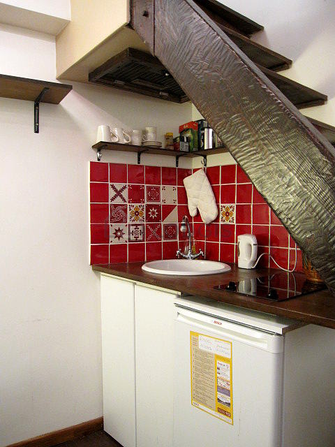 Cuisine équipée de plaques de cuisson, réfrigerateur, freezer, hotte