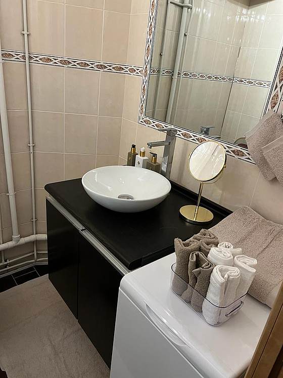 Bathroom equipped with washing machine, bath towels