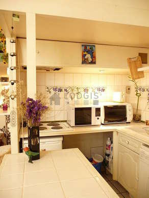 Kitchen equipped with washing machine, refrigerator, extractor hood, crockery